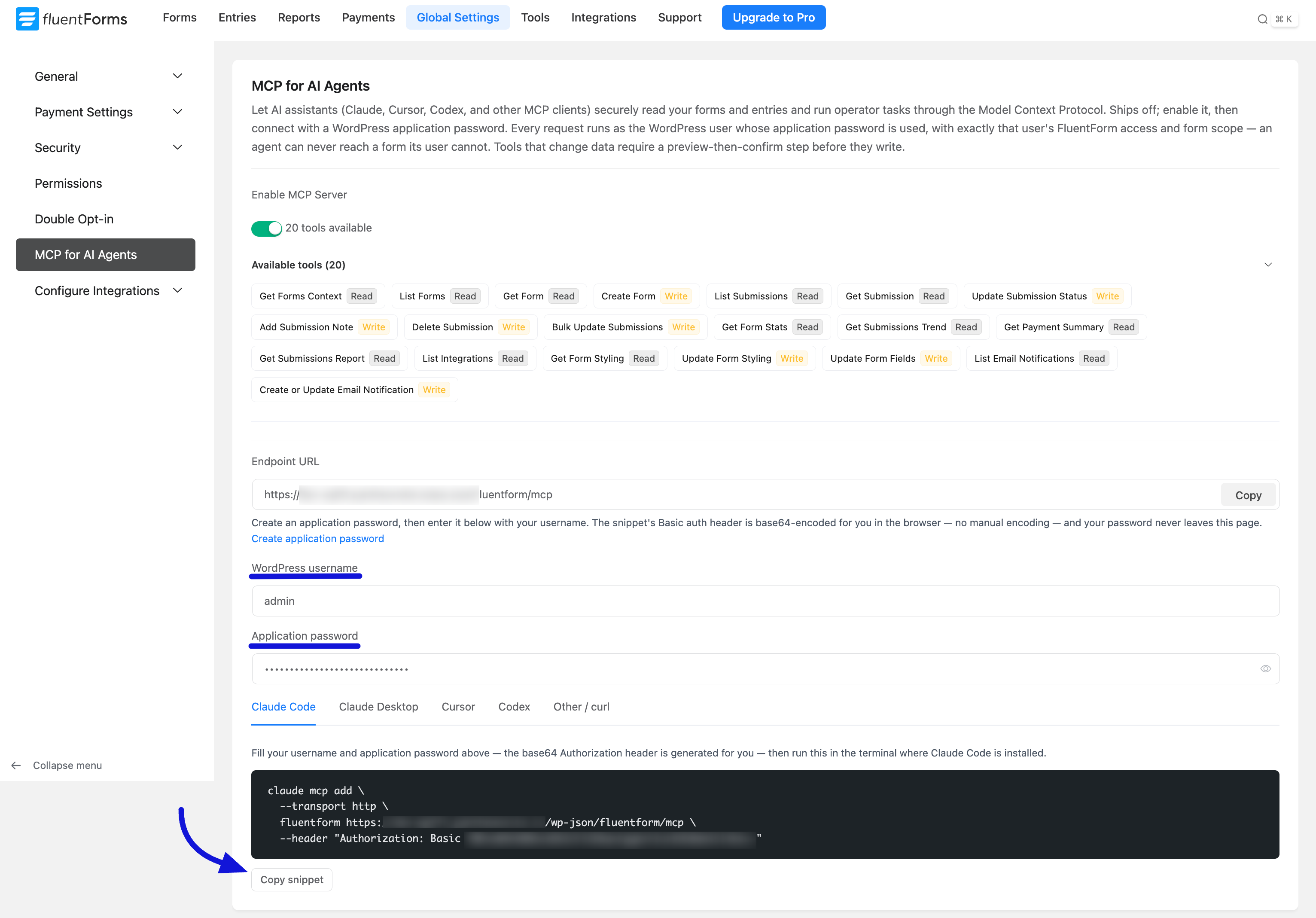 MCP settings page with the username and application password filled in and an arrow pointing at the Copy snippet button