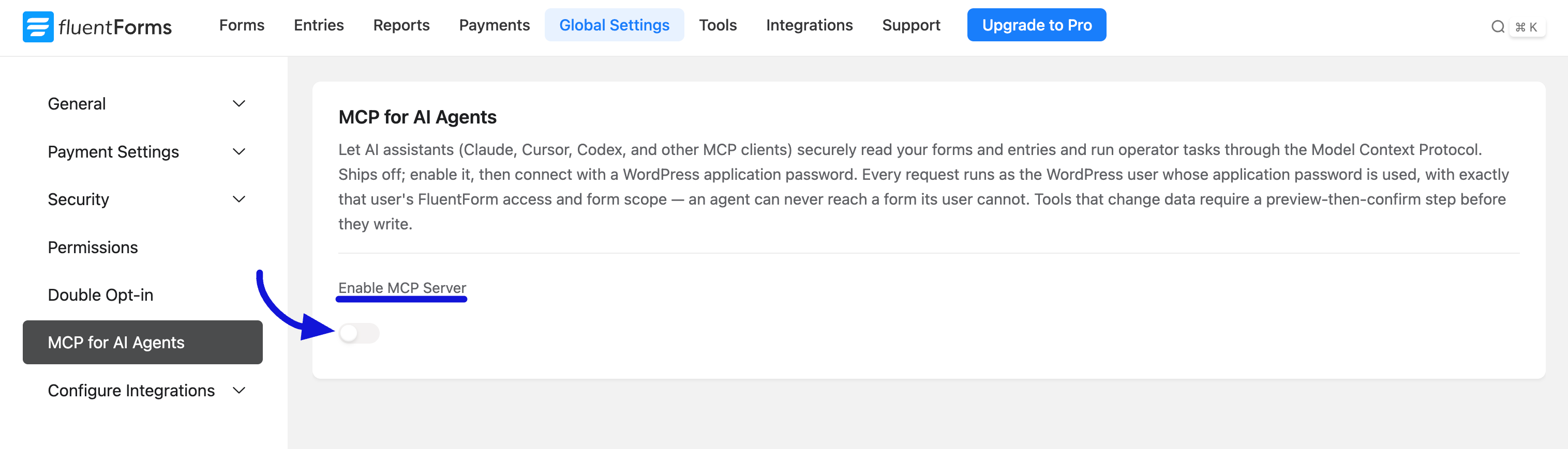 MCP for AI Agents settings page with an arrow pointing at the Enable MCP Server toggle