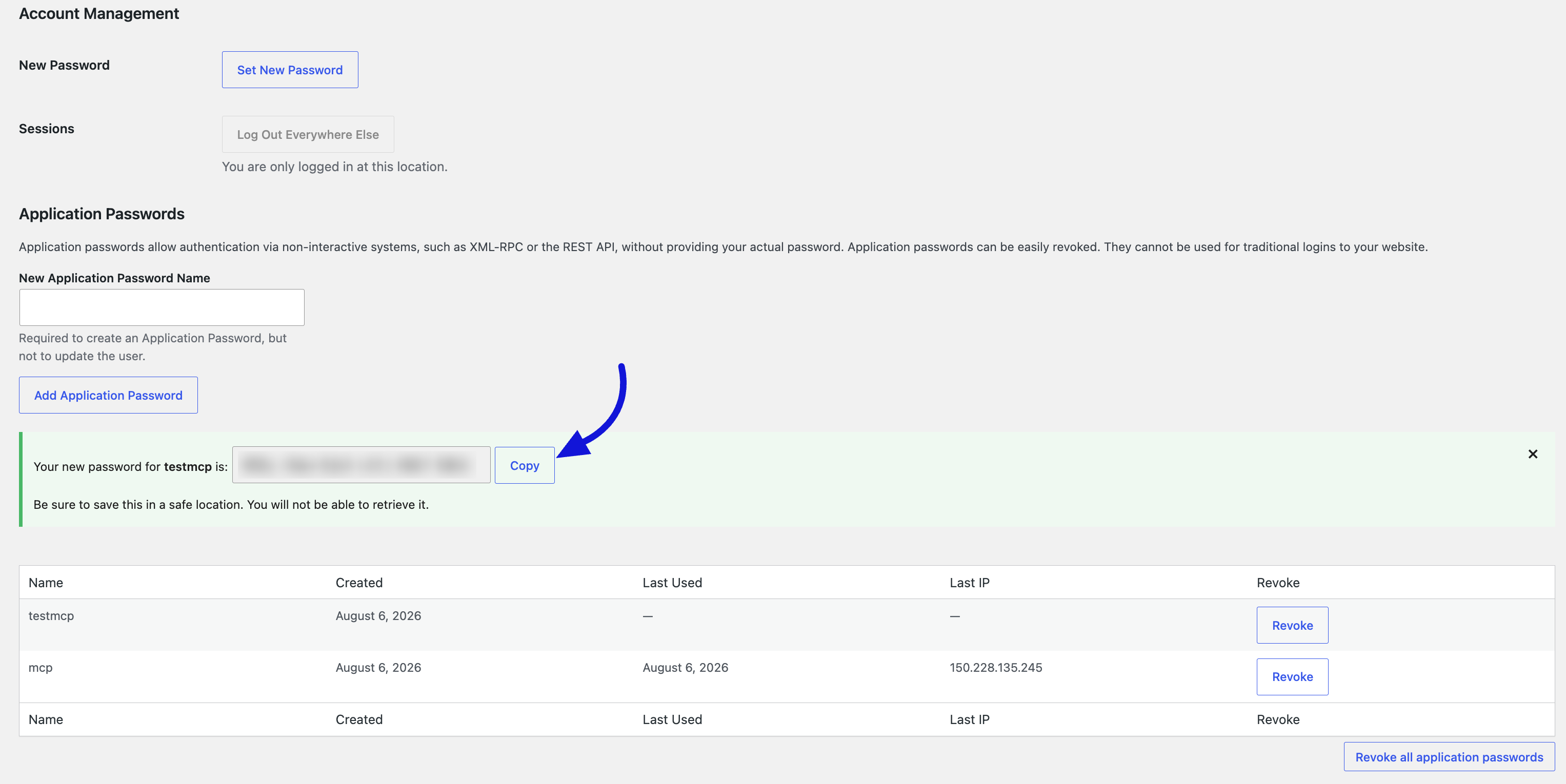 WordPress profile page showing the newly generated application password with the Copy button